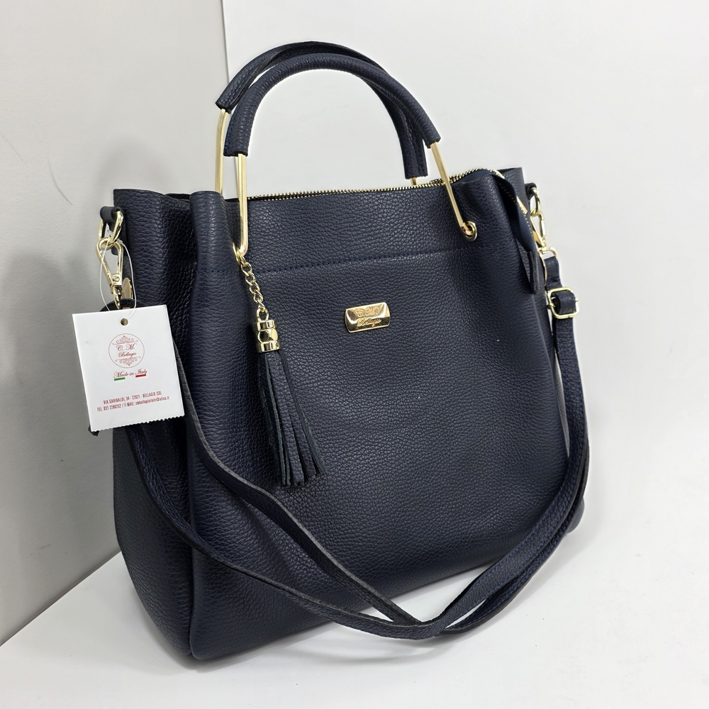 C.M. Bellagio Italian Stylish Leather Handmade Handheld/Shoulder Bag Navy Blue
